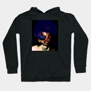 Digital collage, special processing. Strong guy in helmet. Protection, durable. Red and blue. Hoodie